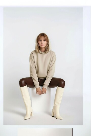 Kadın 3 İplik Kalın Kapüşonlu Oversize Curve Kalıp Uzun Kol Sweatshirt Kazak