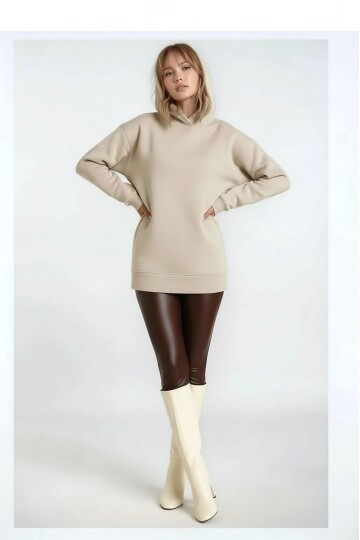 Kadın 3 İplik Kalın Kapüşonlu Oversize Curve Kalıp Uzun Kol Sweatshirt Kazak