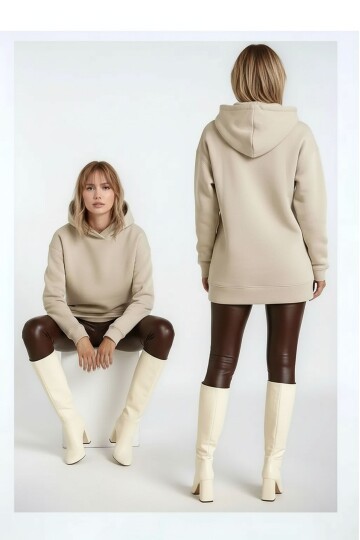 Kadın 3 İplik Kalın Kapüşonlu Oversize Curve Kalıp Uzun Kol Sweatshirt Kazak