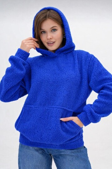 Kadın Peluş Kumoş Kanguru Cepli Kapüşonlu Rahat Kalıp Standart Sweatshirt