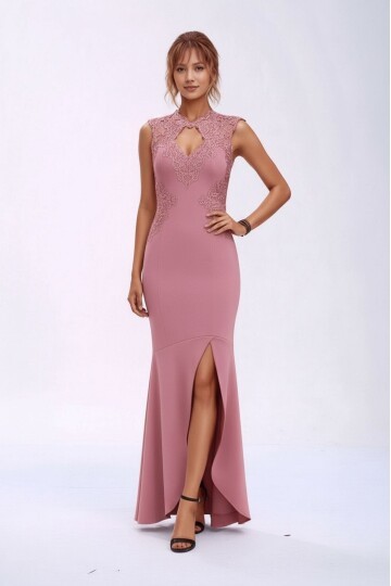 Kadın Pencere Güpürlü Yaka Asimetrik Etek Balık Model Ay Kol Şık Abiye Curve Büyük Beden Gece Elbise