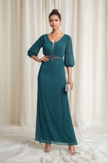 Kadın Pencere Tül V Yaka Belden Oturmalı Taşlı Nakışlı Şık Abiye Curve Büyük Beden Gece Elbise