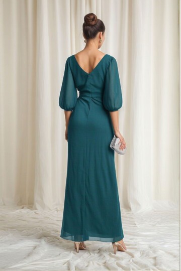 Kadın Pencere Tül V Yaka Belden Oturmalı Taşlı Nakışlı Şık Abiye Curve Büyük Beden Gece Elbise