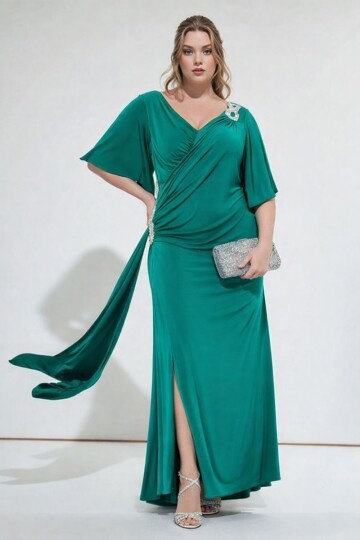 Kadın Pencere V Yaka Belden Oturmalı Taşlı Şık Abiye Curve Büyük Beden Gece Elbise