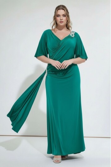 Kadın Pencere V Yaka Belden Oturmalı Taşlı Şık Abiye Curve Büyük Beden Gece Elbise