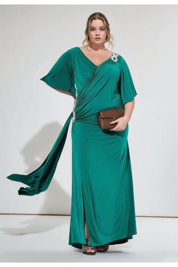 Kadın Pencere V Yaka Belden Oturmalı Taşlı Şık Abiye Curve Büyük Beden Gece Elbise