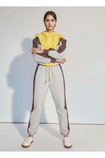 Kadın Salaş Fermuarlı Croplu Kapşonlu Sweatshirt Lastik Paça Spor Şık Eşofman Takımı