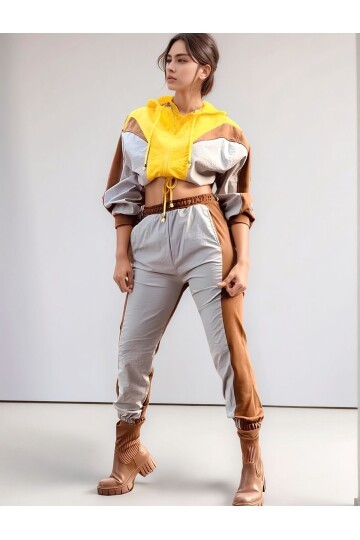 Kadın Salaş Fermuarlı Croplu Kapşonlu Sweatshirt Lastik Paça Spor Şık Eşofman Takımı