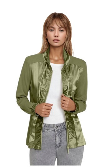 Kadın Saten Karşım Önden Büzgülü Fermuarlı Hakim Yaka Uzun Kol Spor Şık Büyük Beden Curve Ceket