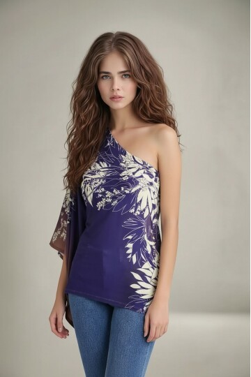 Kadın Tek Yarasa Kol Yaprak Desenli Şık Curve Bluz
