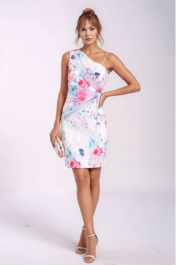 Kadın Tek Omuz Batık Desenli Asimetrik Kesim Tasarım Şık Gece Abiye Elbise