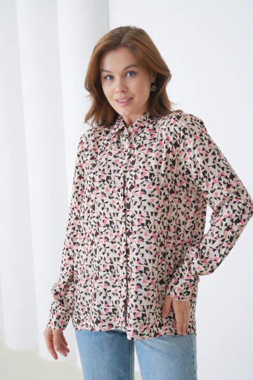 Kadın Tesettüre Uygun Desenli Uzun Kol Pamuk Şık Büyük Beden Curve Rahat Gömlek