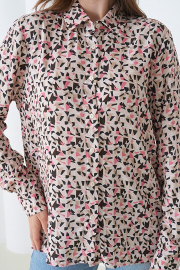 Kadın Tesettüre Uygun Desenli Uzun Kol Pamuk Şık Büyük Beden Curve Rahat Gömlek