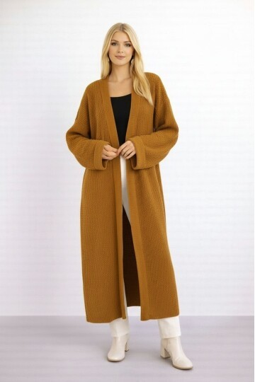 Kadın Tesettüre Uygun Maxi Boy Uzun Kol Spor Şık Örgü Triko Curve Uyumlu Hırka Ceket