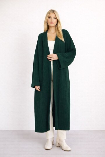 Kadın Tesettüre Uygun Maxi Boy Uzun Kol Spor Şık Örgü Triko Curve Uyumlu Hırka Ceket