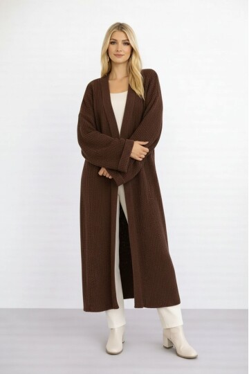 Kadın Tesettüre Uygun Maxi Boy Uzun Kol Spor Şık Örgü Triko Curve Uyumlu Hırka Ceket