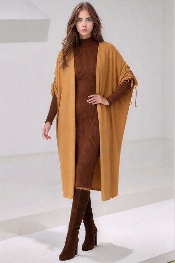 Kadın Tesettüre Uygun Midi Boy Yarasa Kol Omuzdan Bağlamalı Triko Curve Uyumlu Kuşaksız Hırka Ceket