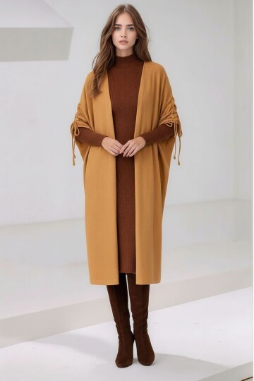 Kadın Tesettüre Uygun Midi Boy Yarasa Kol Omuzdan Bağlamalı Triko Curve Uyumlu Kuşaksız Hırka Ceket