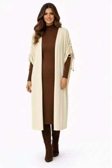 Kadın Tesettüre Uygun Midi Boy Yarasa Kol Omuzdan Bağlamalı Triko Curve Uyumlu Kuşaksız Hırka Ceket