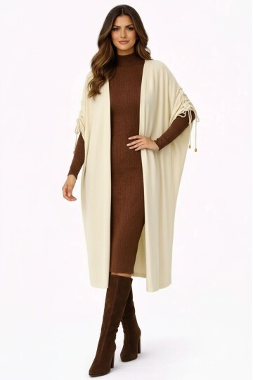 Kadın Tesettüre Uygun Midi Boy Yarasa Kol Omuzdan Bağlamalı Triko Curve Uyumlu Kuşaksız Hırka Ceket