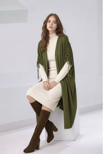 Kadın Tesettüre Uygun Midi Boy Yarasa Kol Omuzdan Bağlamalı Triko Curve Uyumlu Kuşaksız Hırka Ceket