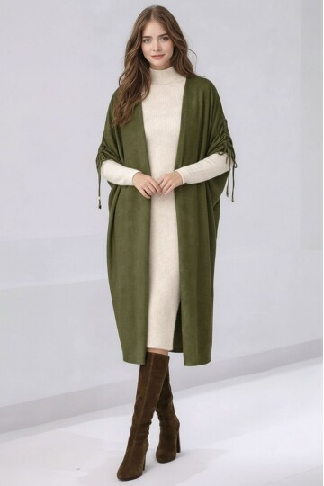 Kadın Tesettüre Uygun Midi Boy Yarasa Kol Omuzdan Bağlamalı Triko Curve Uyumlu Kuşaksız Hırka Ceket