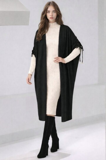 Kadın Tesettüre Uygun Midi Boy Yarasa Kol Omuzdan Bağlamalı Triko Curve Uyumlu Kuşaksız Hırka Ceket