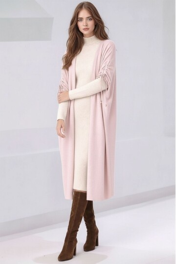 Kadın Tesettüre Uygun Midi Boy Yarasa Kol Omuzdan Bağlamalı Triko Curve Uyumlu Kuşaksız Hırka Ceket