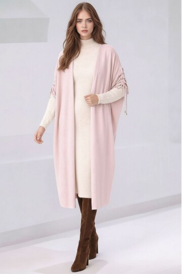 Kadın Tesettüre Uygun Midi Boy Yarasa Kol Omuzdan Bağlamalı Triko Curve Uyumlu Kuşaksız Hırka Ceket