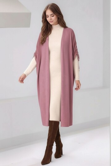 Kadın Tesettüre Uygun Midi Boy Yarasa Kol Omuzdan Bağlamalı Triko Curve Uyumlu Kuşaksız Hırka Ceket