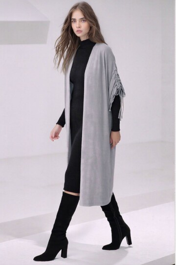 Kadın Tesettüre Uygun Midi Boy Yarasa Kol Omuzdan Bağlamalı Triko Curve Uyumlu Kuşaksız Hırka Ceket