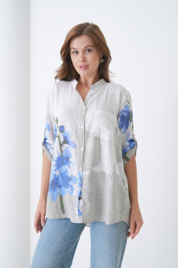 Kadın Tesettüre Uygun Uzun Kol Pamuk Şık Büyük Beden Desenli Curve Rahat İtalyan Keten Gömlek