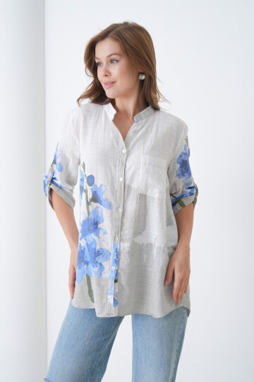 Kadın Tesettüre Uygun Uzun Kol Pamuk Şık Büyük Beden Desenli Curve Rahat İtalyan Keten Gömlek