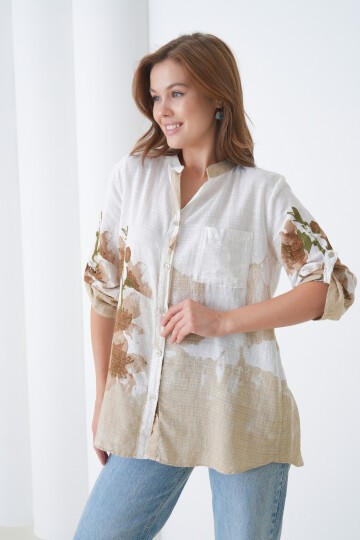 Kadın Tesettüre Uygun Uzun Kol Pamuk Şık Büyük Beden Desenli Curve Rahat İtalyan Keten Gömlek