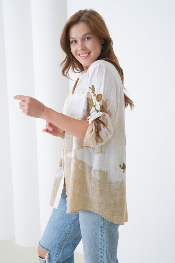 Kadın Tesettüre Uygun Uzun Kol Pamuk Şık Büyük Beden Desenli Curve Rahat İtalyan Keten Gömlek