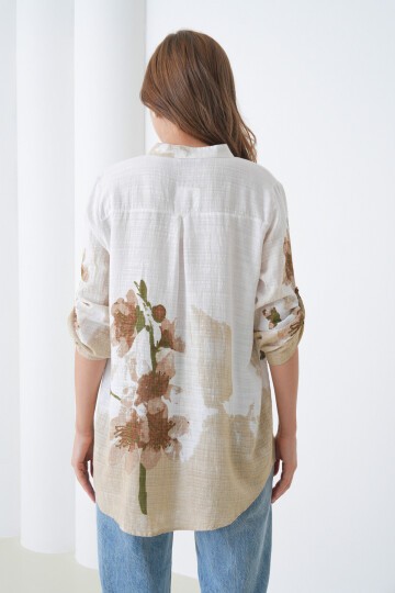 Kadın Tesettüre Uygun Uzun Kol Pamuk Şık Büyük Beden Desenli Curve Rahat İtalyan Keten Gömlek