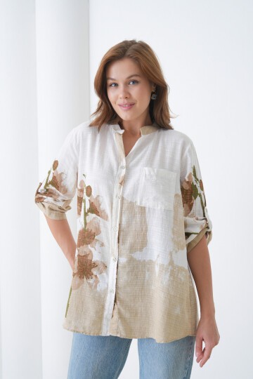 Kadın Tesettüre Uygun Uzun Kol Pamuk Şık Büyük Beden Desenli Curve Rahat İtalyan Keten Gömlek