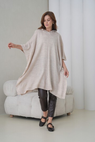 Kadın Tesettüre Uygun Yandan Bağlamalı Asimetrik Kesim Kapüşonlu Geniş Kalıp Panço Ceket