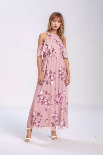 Kadın Tül Detaylı Omzu Açık Şık Rahat Kalıp Büyük Beden Curve Abiye Elbise