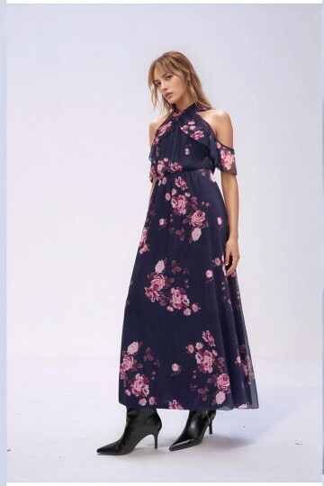 Kadın Tül Detaylı Omzu Açık Şık Rahat Kalıp Büyük Beden Curve Abiye Elbise