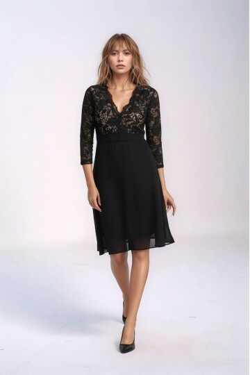 Kadın Tül Yaka Detaylı Truvakor Kol Şık Rahat Kalıp Büyük Beden Curve Abiye Gece Elbisesi