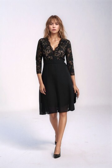 Kadın Tül Yaka Detaylı Truvakor Kol Şık Rahat Kalıp Büyük Beden Curve Abiye Gece Elbisesi