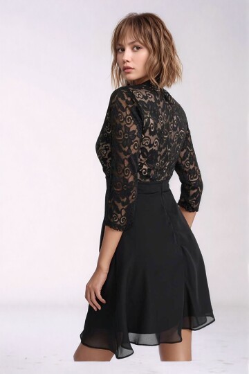 Kadın Tül Yaka Detaylı Truvakor Kol Şık Rahat Kalıp Büyük Beden Curve Abiye Gece Elbisesi