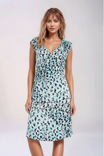 Kadın Turkuaz Leopar Desenli Belden Büzgü Detay Kruvaze Yaka Örme Viskon Şık Curve Elbise