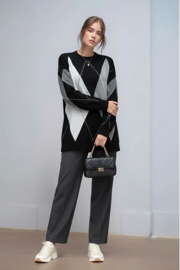 Kadın Uzun Kol Baklava Desen Bisiklet Yaka Tunik Boy Triko Büyük Beden Oversize Kazak Tunik