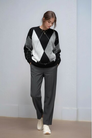 Kadın Uzun Kol Baklava Desen Bisiklet Yaka Tunik Boy Triko Büyük Beden Oversize Kazak Tunik