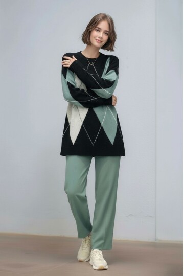 Kadın Uzun Kol Baklava Desen Bisiklet Yaka Tunik Boy Triko Büyük Beden Oversize Kazak Tunik