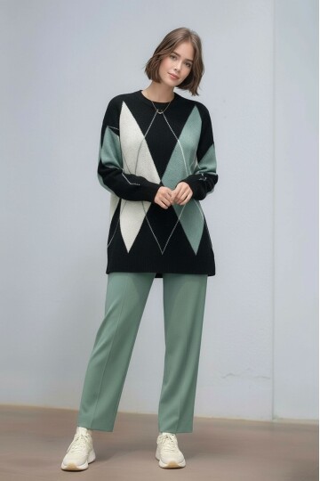 Kadın Uzun Kol Baklava Desen Bisiklet Yaka Tunik Boy Triko Büyük Beden Oversize Kazak Tunik