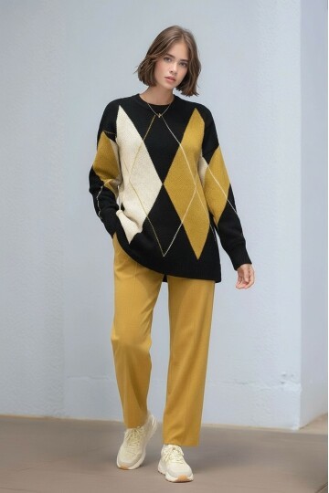 Kadın Uzun Kol Baklava Desen Bisiklet Yaka Tunik Boy Triko Büyük Beden Oversize Kazak Tunik