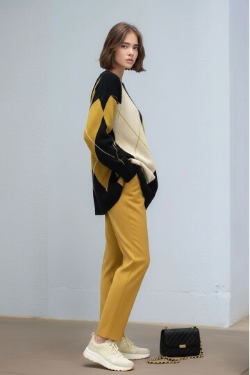 Kadın Uzun Kol Baklava Desen Bisiklet Yaka Tunik Boy Triko Büyük Beden Oversize Kazak Tunik